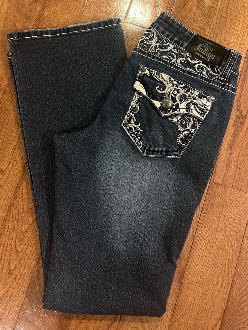 Y2K Love Indigo Dark Blue Low Rise Embroidered Flare Jeans size 10